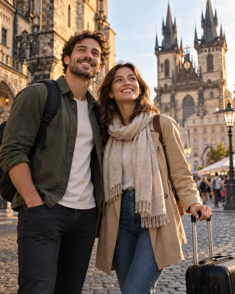 Casal tranquilo com mala em uma praça histórica da Europa