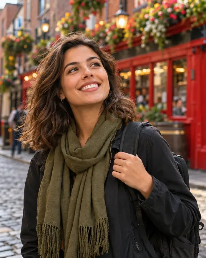 Estudante sorridente com mochila em uma rua de Dublin