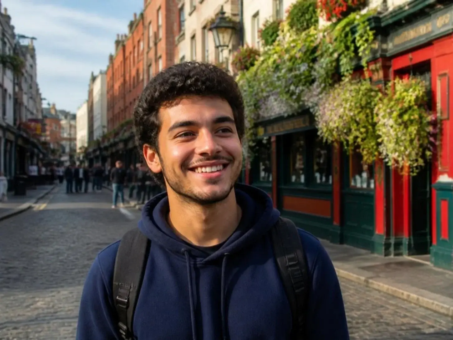 Estudante sorridente de mochila numa rua de Dublin, com pubs coloridos ao fundo